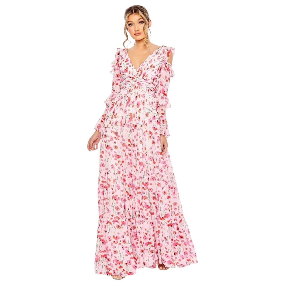 Mac Duggal 55906 Pink Ruffle‎ Sleeve Floral Print Gown Size 10 $598